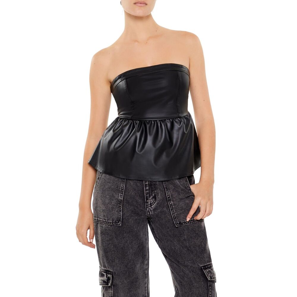 Forever 21 Womens Faux Leather Peplum Tube Top, SIZE XS, 14K-160T006